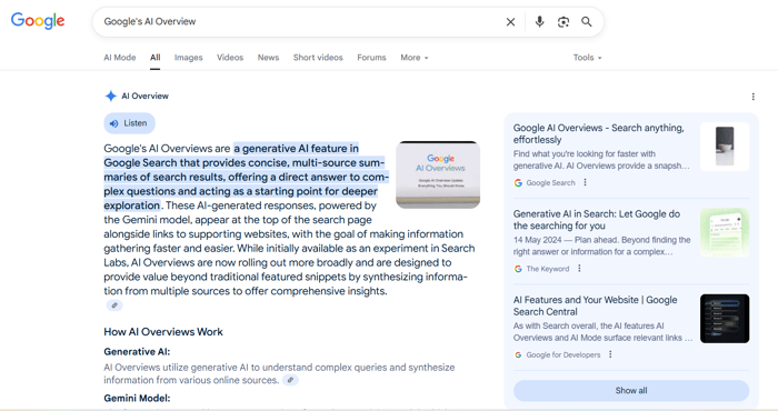 Screenshot of Google Search explaining Google’s AI Overviews as a generative AI feature that summarizes search results with concise, multi-source answers powered by the Gemini model.