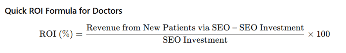 Quick ROI formula for doctors showing how to calculate ROI (%) by dividing the net revenue from new patients gained via SEO by the SEO investment, then multiplying by 100.